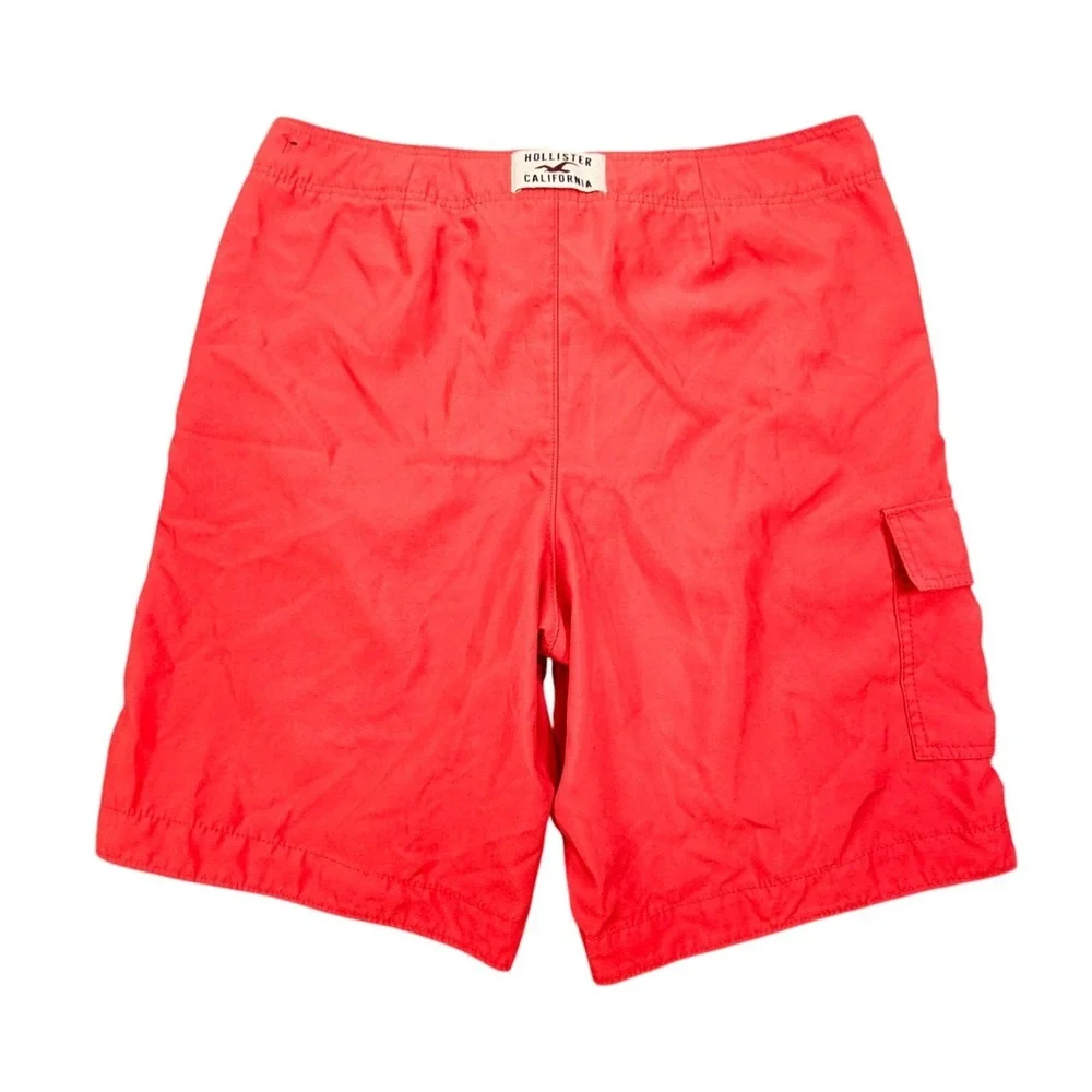 Hollister Board Shorts Mens L Red Neon Green Logo Swim Trunks Cargo Pocket 9